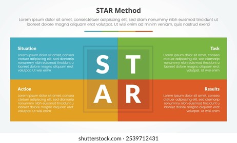 Concepto de infografía del método STAR para la presentación de diapositivas con combinación de mesa de caja en el centro con lista de 4 puntos con Vector de estilo plano
