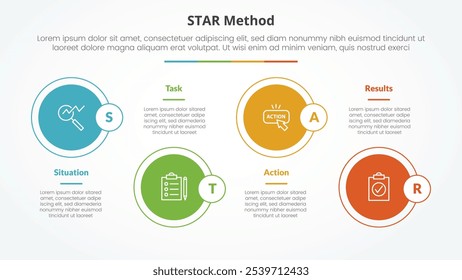 STAR method infographic concept for slide presentation with big circle on horizontal line up and down with 4 point list with flat style vector