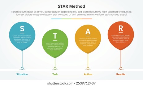STAR method infographic concept for slide presentation with waterdrop bubble with timeline style with 4 point list with flat style vector