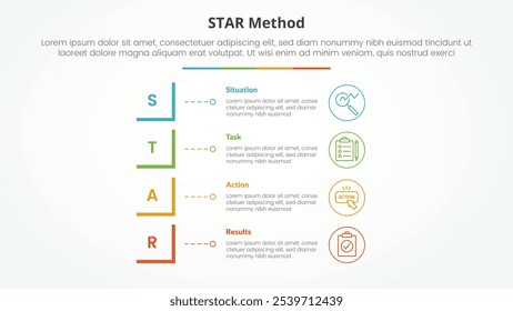 Conceito infográfico do método STAR para apresentação de slides com pilha vertical de forma quadrada modificada com lista de 4 pontos com vetor de estilo plano