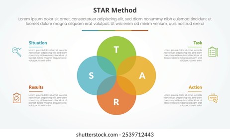 STAR method infographic concept for slide presentation with big circle unite venn blend combination with 4 point list with flat style vector