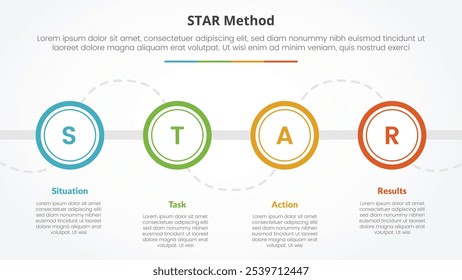 STAR method infographic concept for slide presentation with big outline circle on horizontal line with 4 point list with flat style vector