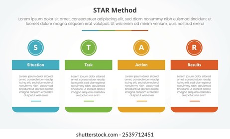 STAR method infographic concept for slide presentation with big table and circle header on top with 4 point list with flat style vector