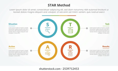 STAR method infographic concept for slide presentation with big circle outline square structure with 4 point list with flat style vector