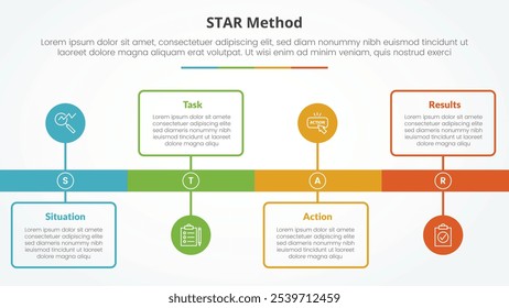 STAR method infographic concept for slide presentation with timeline style with outline box and circle point with 4 point list with flat style vector