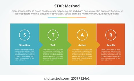STAR method infographic concept for slide presentation with full box with small arrow direction with 4 point list with flat style vector