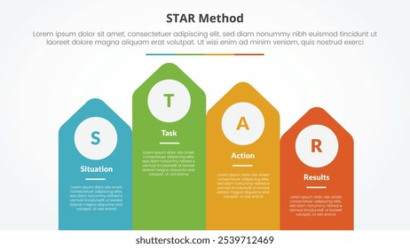 STAR method infographic concept for slide presentation with arrow shape on rectangle with top direction with 4 point list with flat style vector