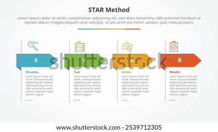 STAR method infographic concept for slide presentation with big header arrow shape with 4 point list with flat style vector