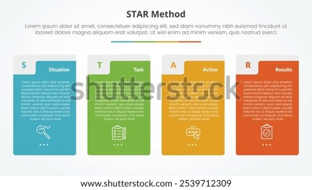 STAR method infographic concept for slide presentation with big vertical box table shape with 4 point list with flat style vector