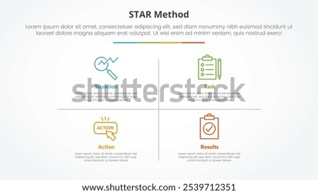 STAR method infographic concept for slide presentation with matrix structure and line divider with 4 point list with flat style vector