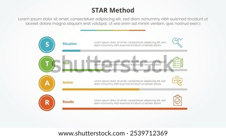 STAR method infographic concept for slide presentation with horizontal bar percentage with 4 point list with flat style vector