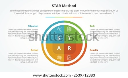 STAR method infographic concept for slide presentation with big circle pie chart with 4 point list with flat style vector