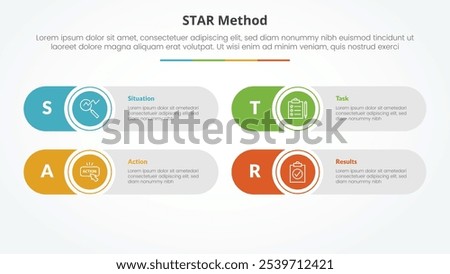 STAR method infographic concept for slide presentation with round rectangle creative shape with 4 point list with flat style vector
