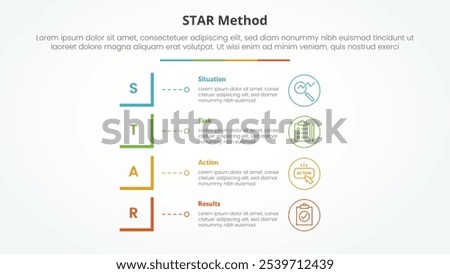 STAR method infographic concept for slide presentation with modified square shape vertical stack with 4 point list with flat style vector