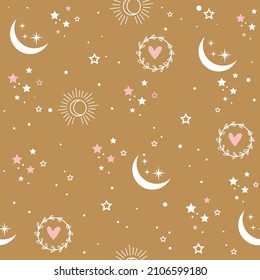 Star and moon in boho style seamless pattern. Vector  illustration