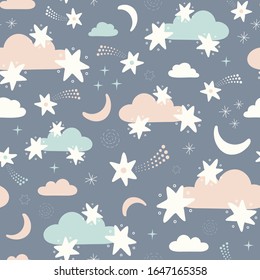 Star, moon and cloud pattern design background. Cute vector night sky repeat.