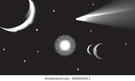 Star and moon and comet in outer space. Futuristic landscape, with lines texture . Space landscape with moon and sun . Deep space vector illustration. Vector line art. Star explosion .