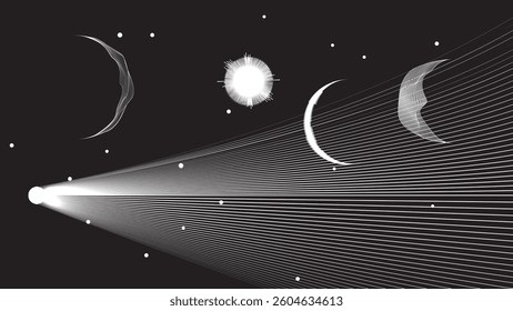 Star and moon and comet in outer space. Futuristic landscape, with lines texture . Space landscape with moon and sun . Deep space vector illustration. Vector line art. Star explosion .