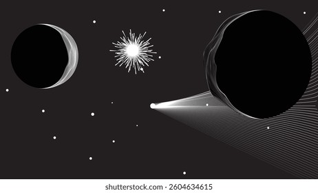 Star and moon and comet in outer space. Futuristic landscape, with lines texture . Space landscape with moon and sun . Deep space vector illustration. Vector line art. Star explosion .