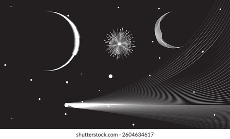 Star and moon and comet in outer space. Futuristic landscape, with lines texture . Space landscape with moon and sun . Deep space vector illustration. Vector line art. Star explosion .