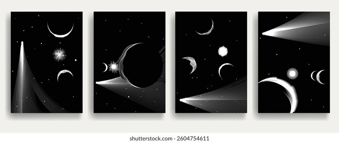 Star and moon and comet in outer space. Futuristic landscape, with lines texture . Set of posters. Space landscape with moon and sun . Deep space vector illustration. Vector line art. Star explosion.

