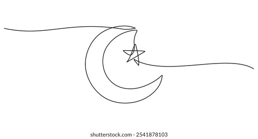 Star and moon in continuous one line drawing. Minimalist celestial object design for astronomy and space concepts.