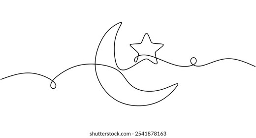 Star and moon in continuous one line drawing. Minimalist celestial objects design for night sky and astronomy concepts.