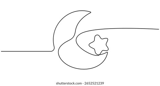 star with moon continuous one line drawing, Moon and star hanging decor continuous one line drawing minimalism design, Crescent moon and star continuous line art, Moon with star single line art.