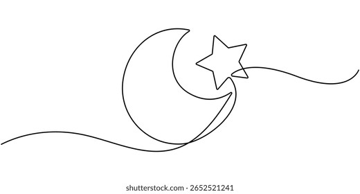 star with moon continuous one line drawing, Moon and star hanging decor continuous one line drawing minimalism design, Crescent moon and star continuous line art, Moon with star single line art.