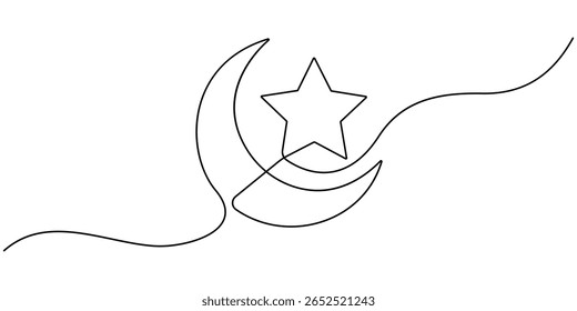star with moon continuous one line drawing, Moon and star hanging decor continuous one line drawing minimalism design, Crescent moon and star continuous line art, Moon with star single line art.