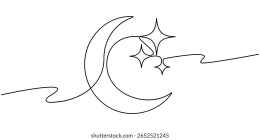 star with moon continuous one line drawing, Moon and star hanging decor continuous one line drawing minimalism design, Crescent moon and star continuous line art, Moon with star single line art.