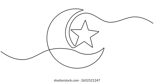 star with moon continuous one line drawing, Moon and star hanging decor continuous one line drawing minimalism design, Crescent moon and star continuous line art, Moon with star single line art.