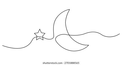 Estrella con la luna continua una línea de dibujo, Ramadán Kareem Anuncio en estilo lineal simple.