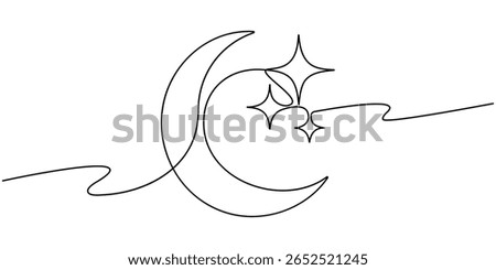 star with moon continuous one line drawing, Moon and star hanging decor continuous one line drawing minimalism design, Crescent moon and star continuous line art, Moon with star single line art.