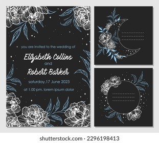 Star, moon and flowers themed wedding invitation vector template collection. Starry night cover design background. Gothic style.