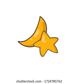 Stern und Mond auf einem isolierten Hintergrund. Das Konzept der Kinderillustrierung. Legen Sie sie auf Postkarten und Verpackungen. Nachtelemente. Astrologie. Innen, Kinderbekleidung, Spiele. Vektor.
