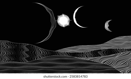 Star and moon in outer space. Futuristic landscape, with lines texture . Space landscape with moon and sun . Deep space vector illustration. Vector line art. Star explosion .