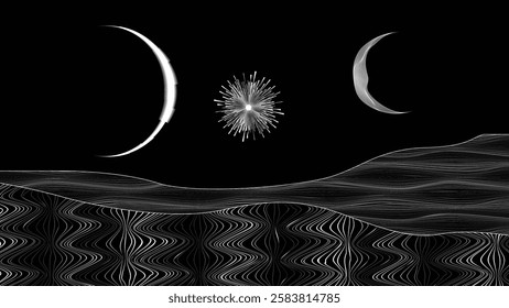 Star and moon in outer space. Futuristic landscape, with lines texture . Space landscape with moon and sun . Deep space vector illustration. Vector line art. Star explosion .