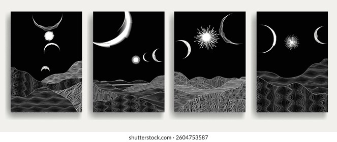 Star and moon in outer space. Futuristic landscape, with lines texture . Space landscape with moon and sun . Deep space vector illustration. Vector line art. Star explosion .