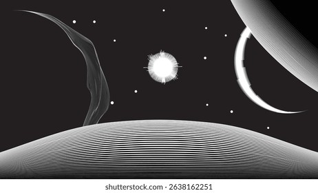 Star and moon in outer space. Futuristic landscape, with lines texture . Space landscape with moon and sun . Deep space vector illustration. Vector line art. Star explosion .