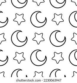 star and moon outline seamless pattern on white background