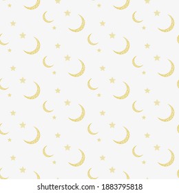 Star and moon pattern on white background for textile fabrics. Vector illustration.