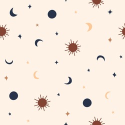 Star Moon And Sun Seamless Pattern Background In Neutral Earthy Warm Colors.