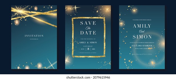 Star and moon themed wedding invitation vector template collection. Blue and golden save the dated card with watercolor and gold sparkles and brush texture. Starry night cover design background.