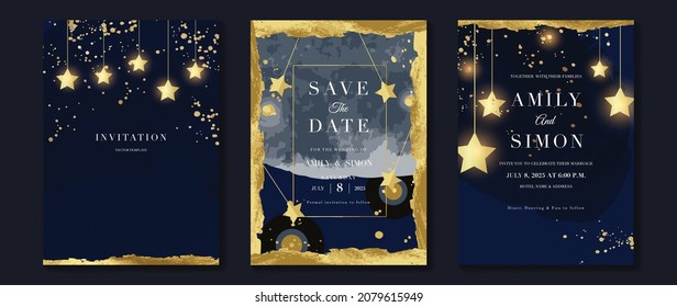 Star and moon themed wedding invitation vector template collection. Blue and golden save the dated card with watercolor and gold sparkles and brush texture. Starry night cover design background.
