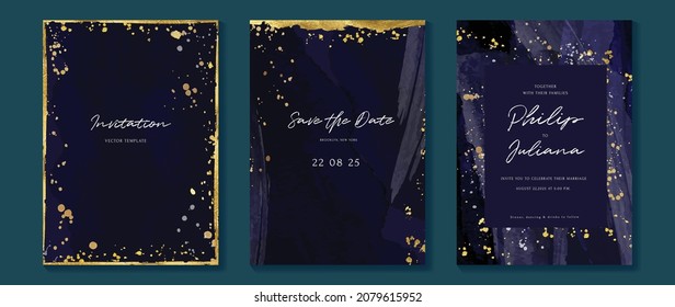 Star and moon themed wedding invitation vector template collection. Blue and golden save the dated card with watercolor and gold sparkles and brush texture. Starry night cover design background.