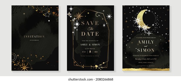 Star and moon themed wedding invitation vector template collection. Gold and luxury save the dated card with watercolor and gold sparkles and brush texture. Starry night cover design background.