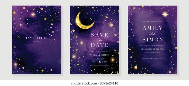 Star and moon themed wedding invitation vector template collection. Gold and luxury save the dated card with watercolor and gold sparkles and brush texture. Starry night cover design background.