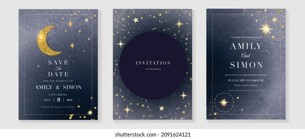 Star and moon themed wedding invitation vector template collection. Gold and luxury save the dated card with watercolor and gold sparkles and brush texture. Starry night cover design background.