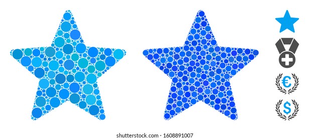 Star mosaic of filled circles in different sizes and color tints, based on star icon. Vector filled circles are organized into blue mosaic. Dotted star icon in usual and blue versions.